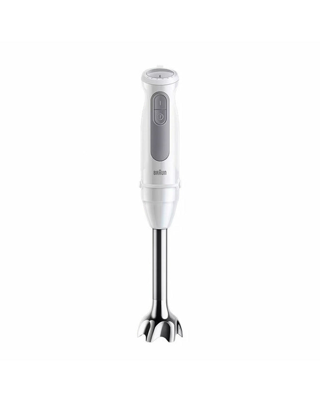 Braun MultiQuick 5 MQ 50001 M hand blender with 1000W power, white color, and detachable blending shaft for cooking and kitchen tasks.