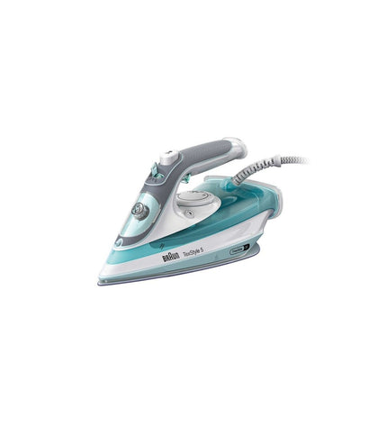 Braun SI 5017 GR steam iron with 2700W power, white and gray finish, featuring a water tank and steam controls.