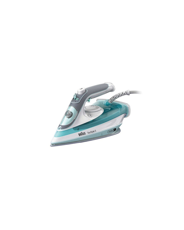 Braun SI 5017 GR steam iron with 2700W power, white and gray finish, featuring a water tank and steam controls.