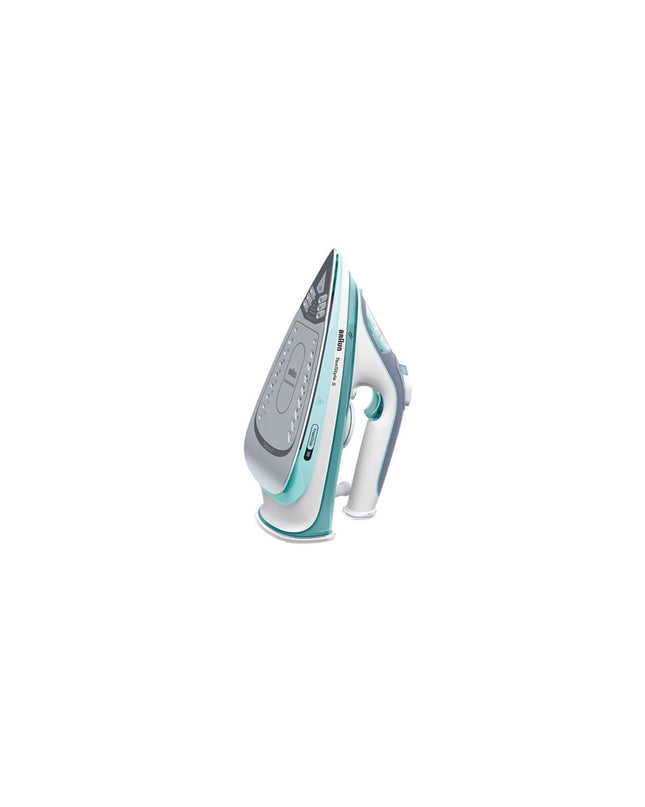 Braun SI 5017 GR steam iron with 2700W power, white and gray design, shown on a laundry surface for home ironing use.