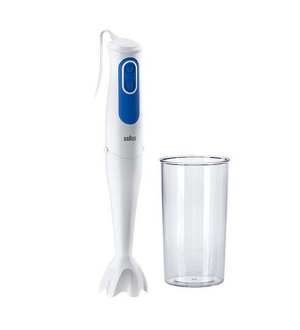 Braun MQ 3000 hand blender with white and blue design, 700W for smoothies and cooking in a kitchen setting.
