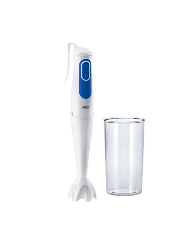 Braun MQ 3000 hand blender with white and blue design, 700W for smoothies and cooking in a kitchen setting.
