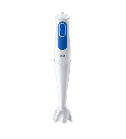 Braun MQ 3000 hand blender with white and blue color, 700W, for smoothies and kitchen blending, close-up of the appliance.