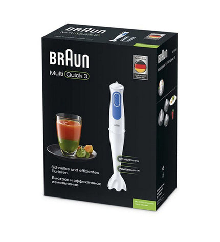 Braun MQ 3000 hand blender in white and blue with 700W power, showing the blender with blending attachments.
