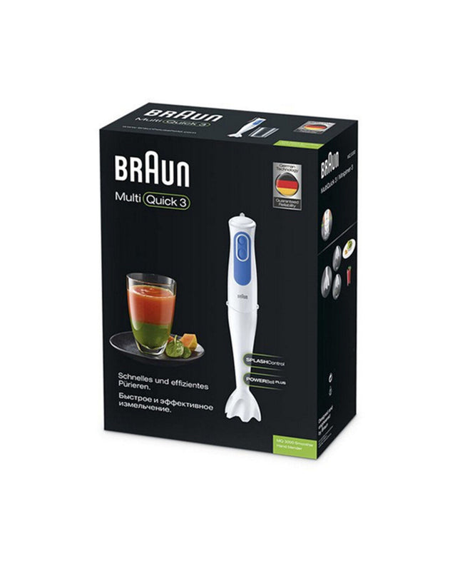 Braun MQ 3000 hand blender in white and blue with 700W power, showing the blender with blending attachments.