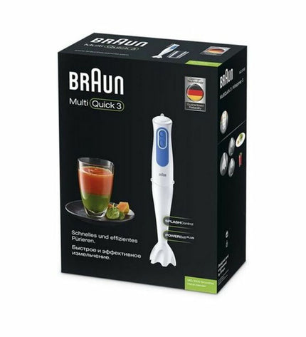 Braun MQ 3000 hand blender in white and blue with 700W motor for smoothies and kitchen blending tasks.