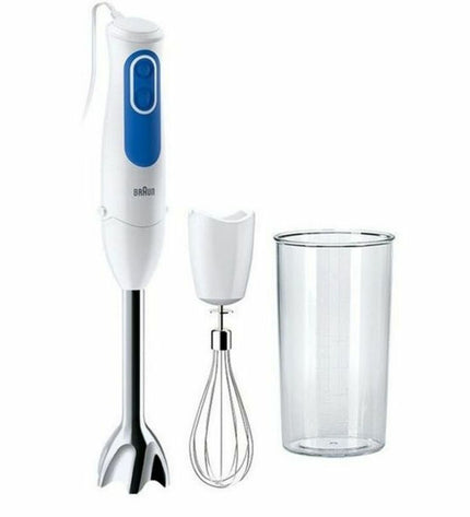 Braun MQ3005WH handmatige blender with 0.6L inox container, 700W power, white color, suitable for home cooking and small appliances.