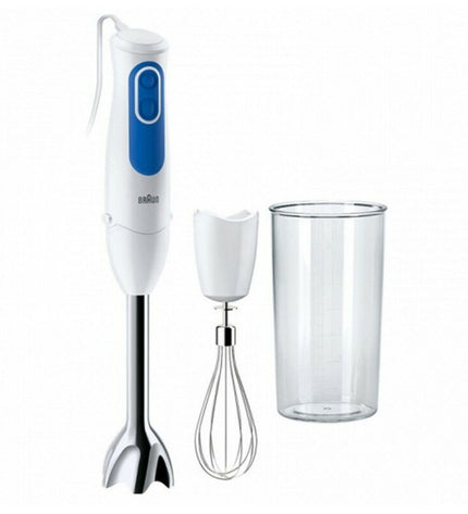 Braun MQ3005WH hand-held blender with 0.6L stainless steel container, 700W, white, for home cooking and small kitchen tasks.