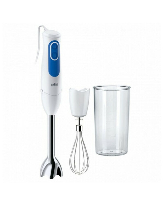 Braun MQ3005WH hand-held blender with 0.6L stainless steel container, 700W, white, for home cooking and small kitchen tasks.