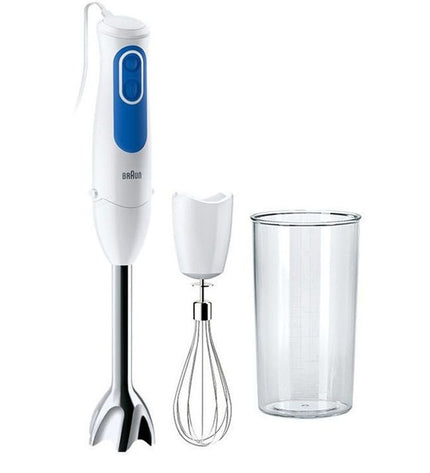 Braun MQ3005WH handmatige blender with 0.6L inox container, 700W power, in white, ideal for home cooking and small kitchen tasks.