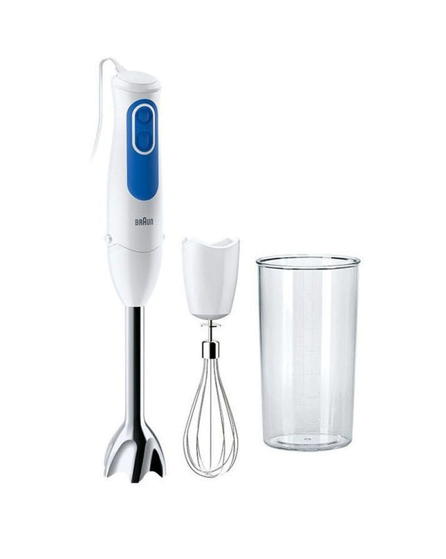 Braun MQ3005WH handmatige blender with 0.6L inox container, 700W power, in white, ideal for home cooking and small kitchen tasks.
