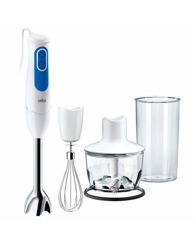 Braun MQ3035 hand blender with blue and white handle, 700W, shown with blending attachments for sauces and cooking.