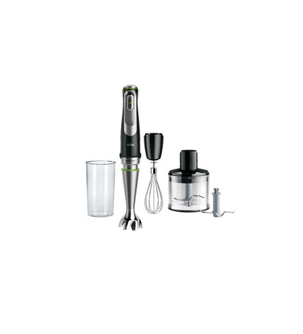 Braun MQ9135XI black hand blender with 1200W power, suitable for kitchen and household use, shown with blending attachments.