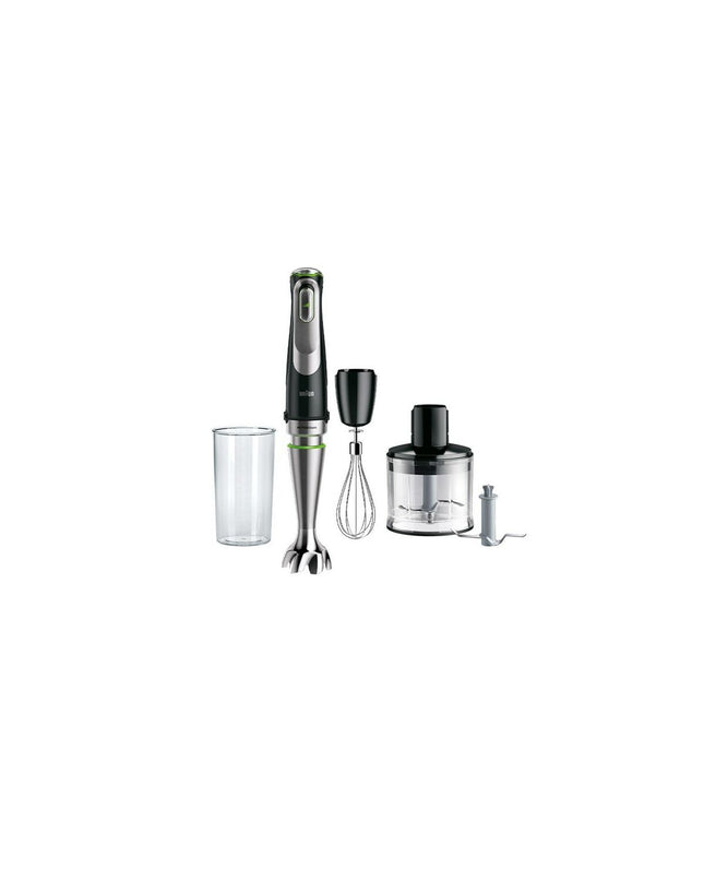 Braun MQ9135XI black hand blender with 1200W power, suitable for kitchen and household use, shown with blending attachments.