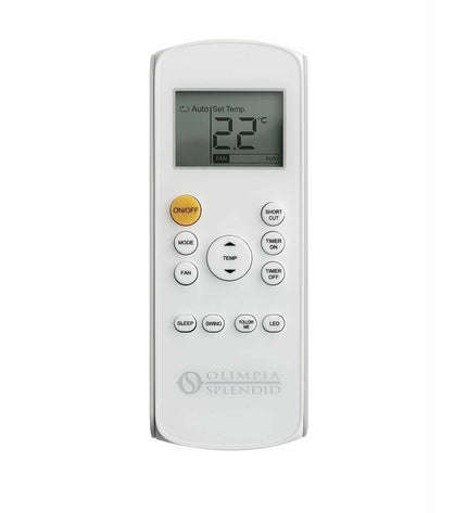 Portable Olimpia Splendid air conditioner for home use, with white exterior and adjustable vents in a living room setting.