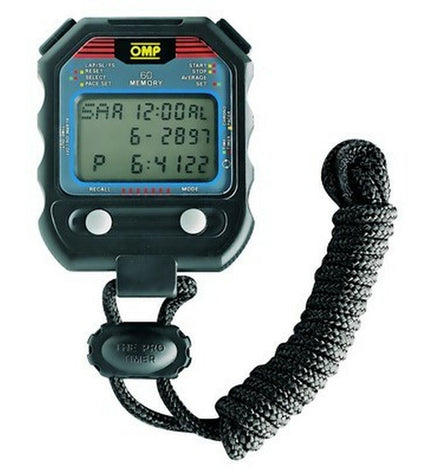 OMP KB/1040 multi-function stopwatch with chain, digital sports timer for outdoor activities, electronic device with display and buttons.