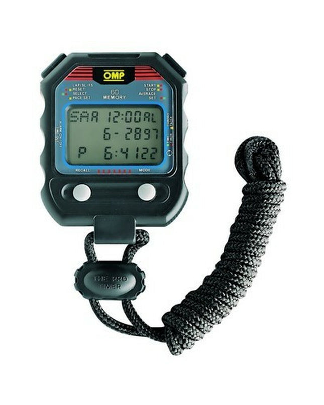 OMP KB/1040 multi-function stopwatch with chain, digital sports timer for outdoor activities, electronic device with display and buttons.