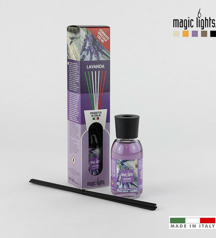 Lavender scented parfum sticks from Magic Lights, 125 ml, decorative home fragrance with purple lavender flowers and elegant packaging.