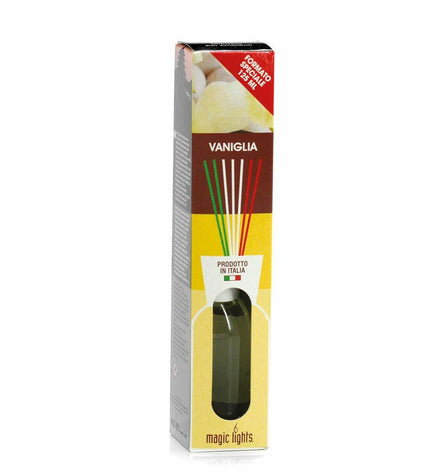 Magic Lights Mikado Vanille air freshener bottle, 125 ml, with vanilla scent, used for home decor and freshening indoor spaces.