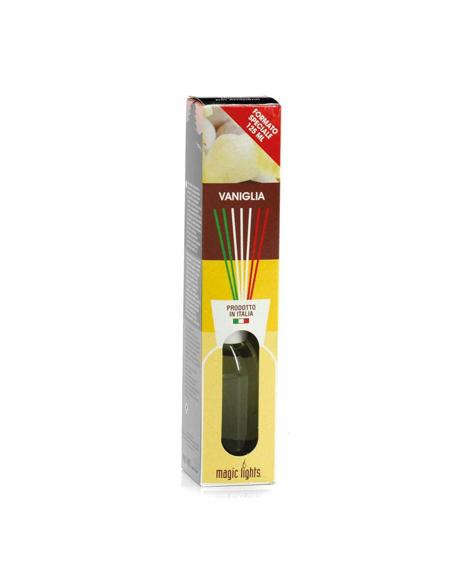 Magic Lights Mikado Vanille air freshener bottle, 125 ml, with vanilla scent, used for home decor and freshening indoor spaces.