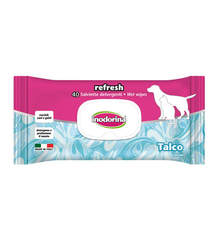 Inodorina pet wipes for dogs, moisture-rich with talk powder scent, 12g pack, ideal for cleaning and freshening furry pets.