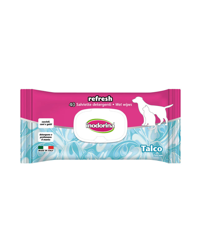 Inodorina pet wipes for dogs, moisture-rich with talk powder scent, 12g pack, ideal for cleaning and freshening furry pets.
