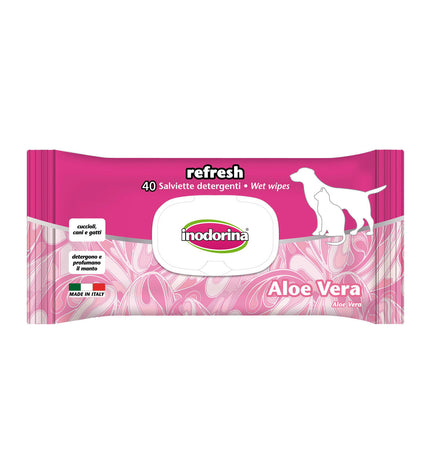Inodorina Refresh Aloe Vera pet wipes for dogs, moist cleaning cloths with aloe vera for pet hygiene, shown in the image.