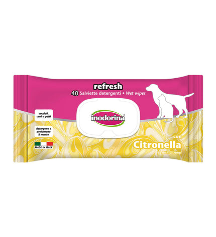 Inodorina Refresh citronella pet wipes for dogs, moist cleaning cloths designed for odor control and freshening pets.