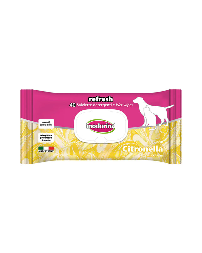 Inodorina Refresh citronella pet wipes for dogs, moist cleaning cloths designed for odor control and freshening pets.
