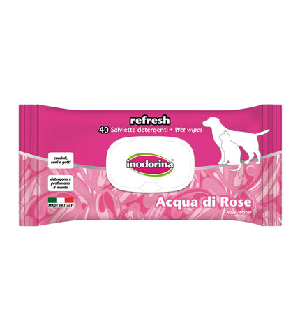 Inodorina REFRESH pet wipes for dogs with rose scent, moist cleaning cloths for pet hygiene and freshness.