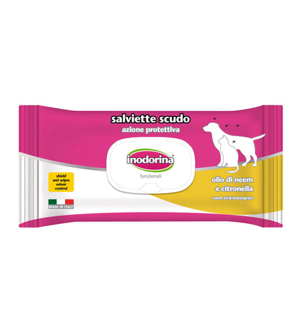 Inodorina citronella pet wipes for dogs, moist cleaning cloths with citronella scent for pet hygiene and freshness.
