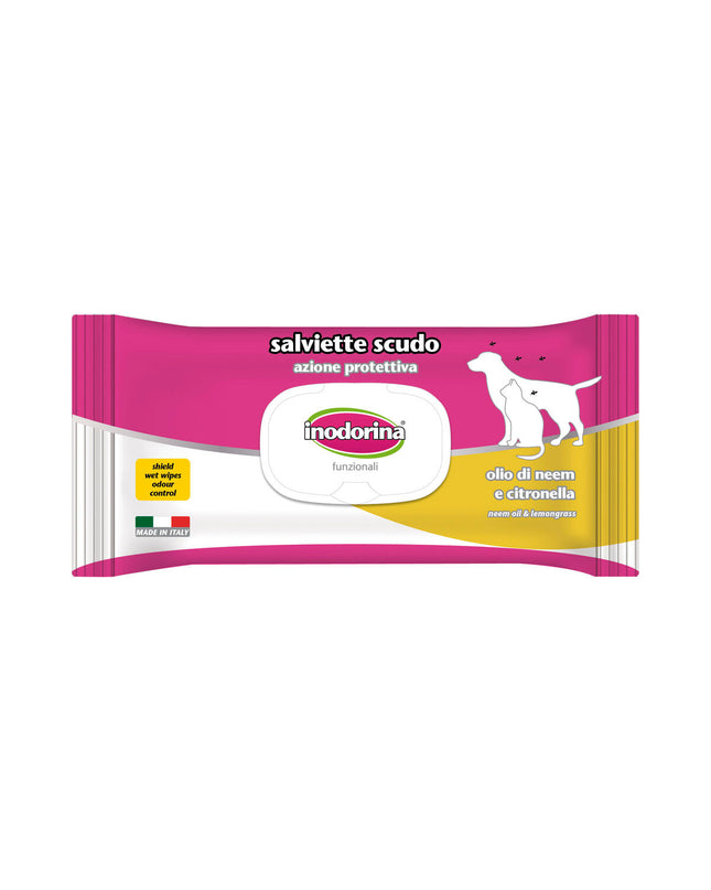 Inodorina citronella pet wipes for dogs, moist cleaning cloths with citronella scent for pet hygiene and freshness.