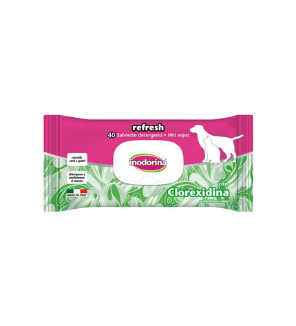 Inodorina Refresh dog wipes for pets, showing moist cleaning cloths designed for quick and gentle hygiene for dogs.