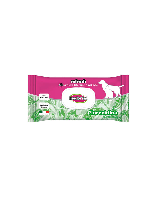 Inodorina Refresh dog wipes for pets, showing moist cleaning cloths designed for quick and gentle hygiene for dogs.