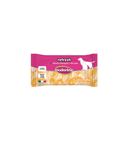 Inodorina Refresh pet wipes for dogs, 24 moist cleaning cloths, soft texture and convenient packaging for pet grooming.