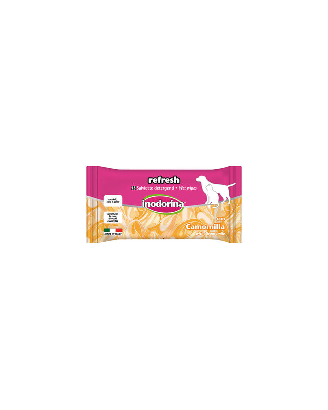 Inodorina Refresh pet wipes for dogs, 24 moist cleaning cloths, soft texture and convenient packaging for pet grooming.