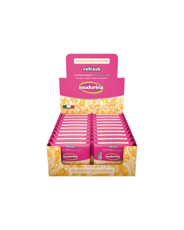 Inodorina Refresh pet cleaning wipes for dogs, 24-pack, showing moist cloths designed for dog hygiene and grooming.