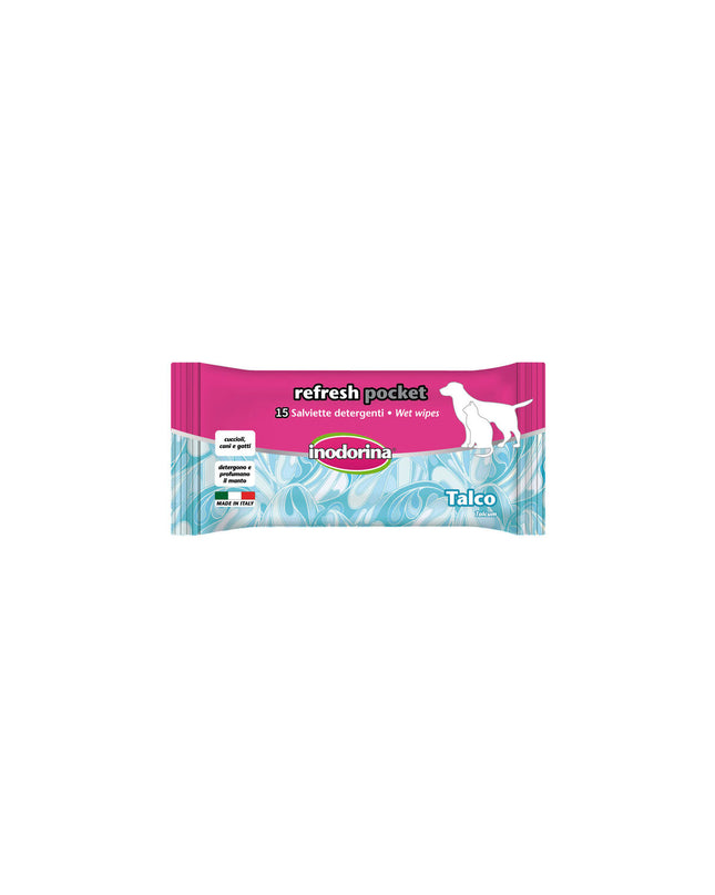 Inodorina Talco dog moist wipes for pets, 60 pieces, showing packaging and wet wipes for cleaning dogs