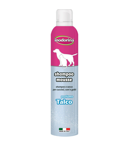 Inodorina Talkpoeder dog shampoo bottle, 300 ml, for pets, with clean label and branding, suitable for grooming dogs