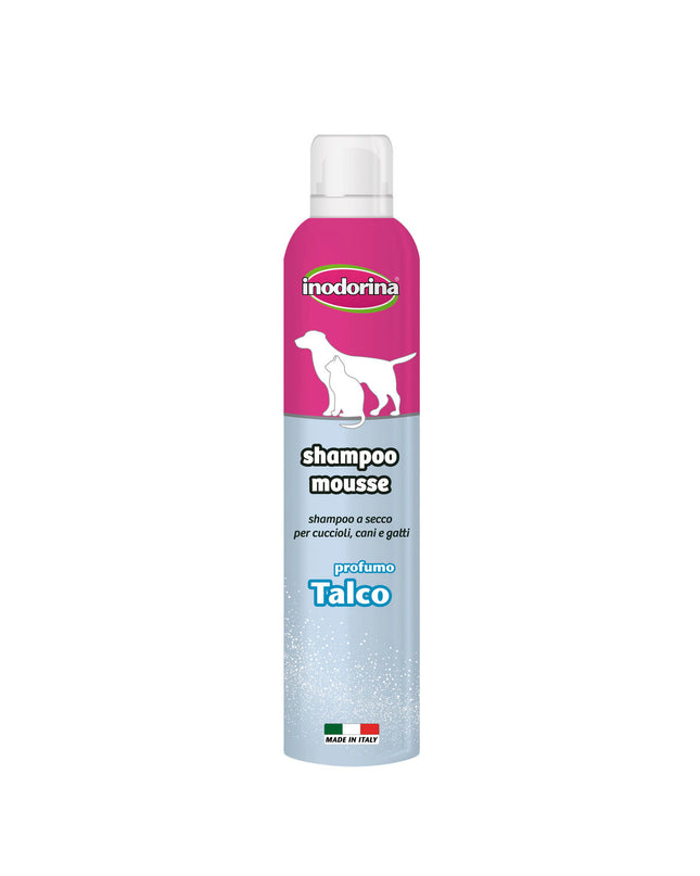 Inodorina Talkpoeder dog shampoo bottle, 300 ml, for pets, with clean label and branding, suitable for grooming dogs