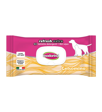 Inodorina Refresh Extra jasmine pet wipes for dogs, moist cloths with jasmine scent, suitable for cleaning and freshening pets.