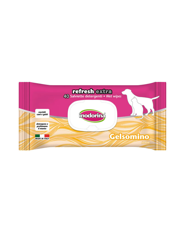 Inodorina Refresh Extra jasmine pet wipes for dogs, moist cloths with jasmine scent, suitable for cleaning and freshening pets.