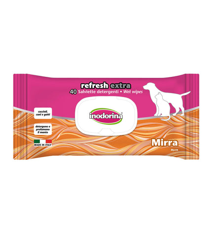 Inodorina REFRESH EXTRA Mirre pet wipes for dogs, damp cloths for cleaning and refreshing furry companions.
