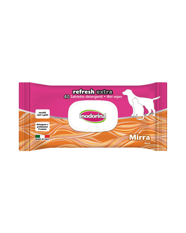 Inodorina REFRESH EXTRA Mirre pet wipes for dogs, damp cloths for cleaning and refreshing furry companions.