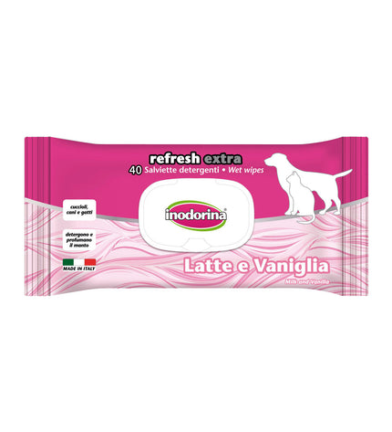 Inodorina Refresh Extra vanilla pet wipes for dogs, soft moist cloths for cleaning pets, shown in a close-up image.