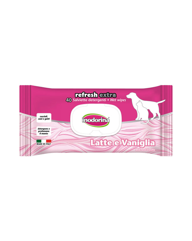 Inodorina Refresh Extra vanilla pet wipes for dogs, soft moist cloths for cleaning pets, shown in a close-up image.