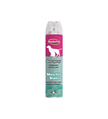 Inodorina White Musk deodorant spray for dogs, 300 ml bottle with a white and blue label, suitable for pet hygiene.