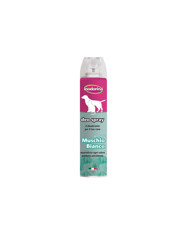 Inodorina White Musk deodorant spray for dogs, 300 ml bottle with a white and blue label, suitable for pet hygiene.