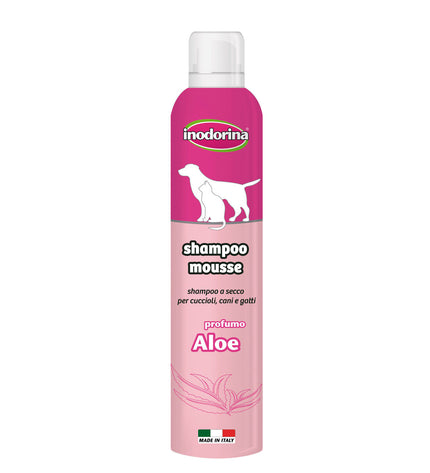 Inodorina Aloë Vera dog shampoo foam bottle, 300 ml, natural pet grooming product for dogs with soothing aloe vera.