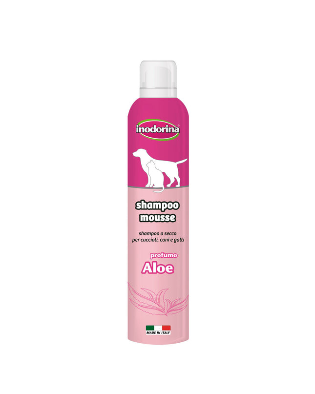 Inodorina Aloë Vera dog shampoo foam bottle, 300 ml, natural pet grooming product for dogs with soothing aloe vera.